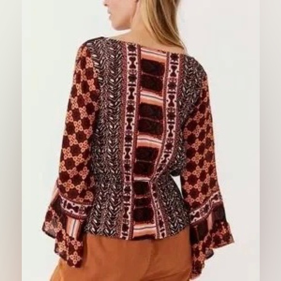 Free People Red and Brown Wrap Blouse with Bell Sleeves - Picture 4 of 16